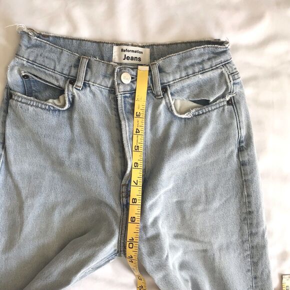REFORMATION Womens Crop High Rise Tahoe Destroyed Distressed Jeans Blue Sz 24 - Picture 10 of 12